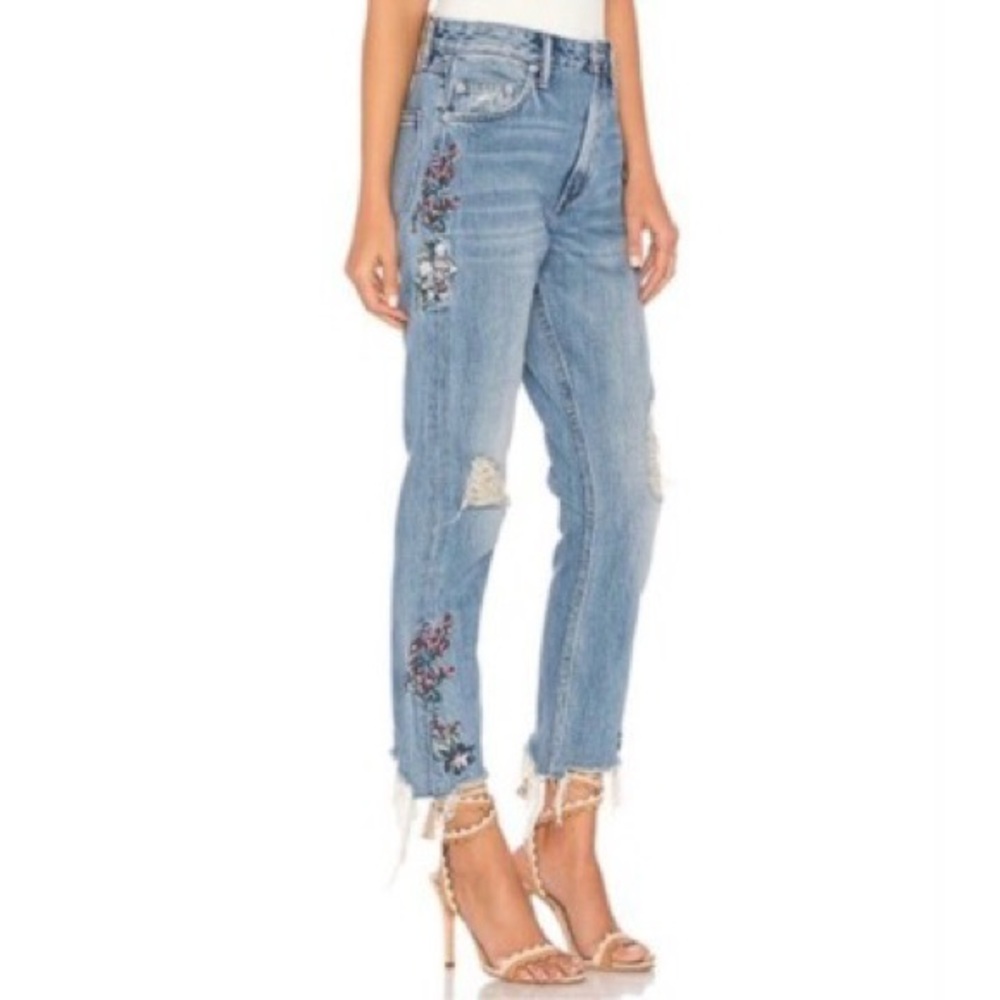 Tularosa Women’s Hailey Straight Floral Embroidered Distressed Jeans